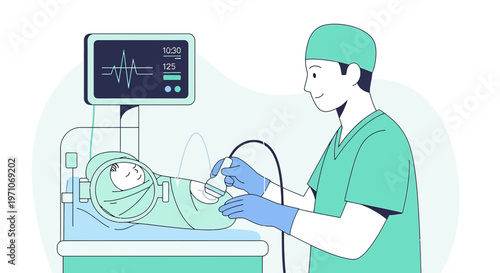Neonatal Intensive Care: Doctor Performs Ultrasound on Newborn Baby in NICU