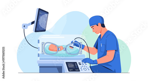 Neonatal intensive care: Doctor monitors premature baby in incubator with medical equipment