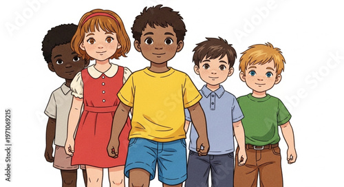 Diverse group of children standing together, representing unity and friendship.