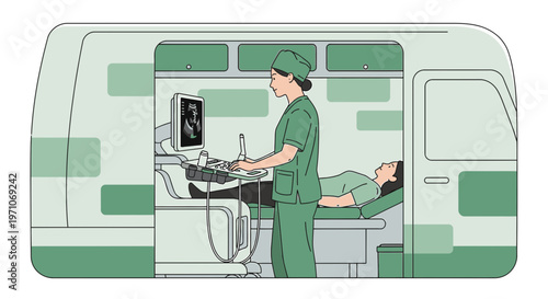 Mobile Ultrasound Unit: Technician Performs Scan on Patient Inside Van