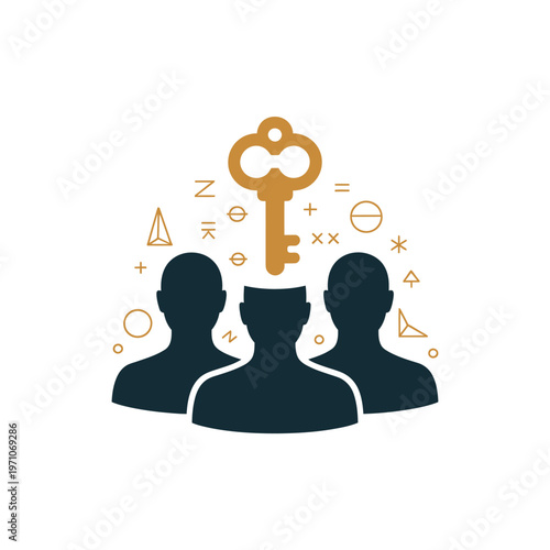 Three silhouetted people with a key and mathematical symbols above them