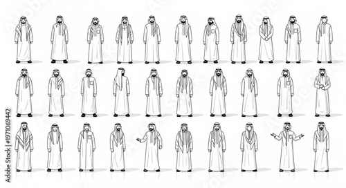 Diverse group of Arab men in traditional attire, standing in a row.