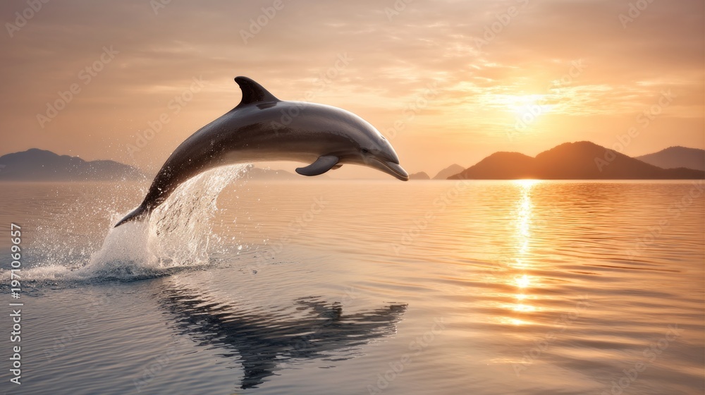 Fototapeta premium Dolphin Leaping Gracefully from Ocean at Sunset with Beautiful Background