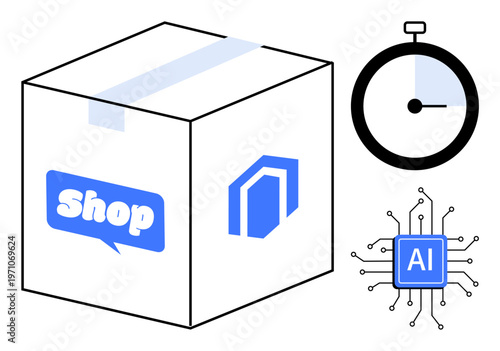 E-commerce, delivery services, speed, AI integration, technology, logistics. A taped box with shop text, a stopwatch and an AI microchip icon. E-commerce and delivery services concept