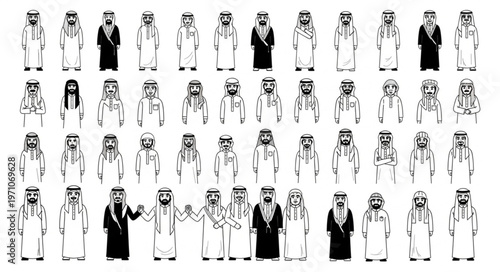 Diverse group of Arab men in traditional attire, standing together.