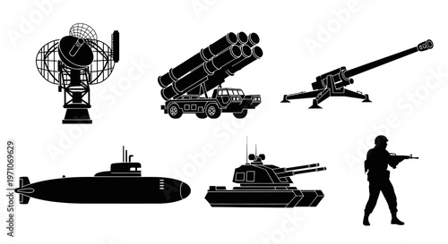 Military and Defense Equipment Silhouettes Vector Icons Set: Radar, Tank, Submarine, Artillery, Rocket Launcher, Soldier