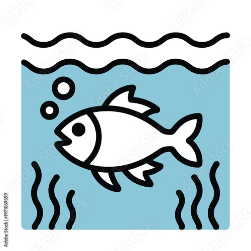 A cartoon fish swimming in the ocean water with bubbles