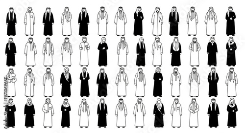 Diverse group of Arab men in traditional attire, standing together.