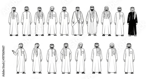 Diverse group of Arab men in traditional attire, standing together.