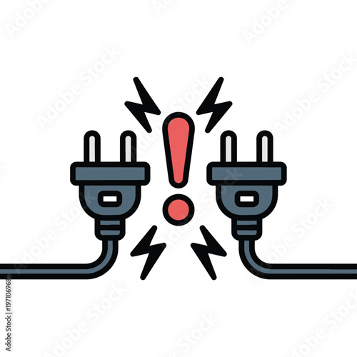 A cartoon illustration of two electrical plugs with a warning sign