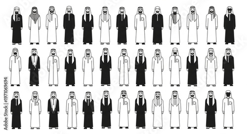 Diverse group of Arab men in traditional attire, standing together.