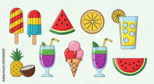 Food  Drink Flat Vector Illustration: Summer Refreshments, Fruits, Ice Cream  Popsicles