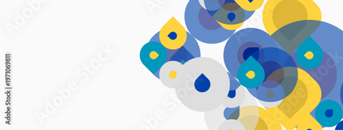 Abstract shapes overlap, creating dynamic composition. Blue, yellow hues dominate white background. Modern design elements present.