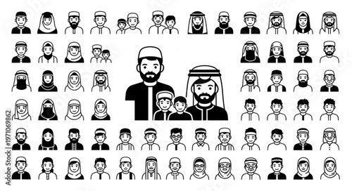 Diverse group of Arab people in traditional attire, family portrait.