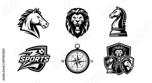 Black  White Vector Emblems: Horse, Lion, Chess Knight, Sports Logo  Compass Set