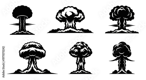 Black and White Vector Mushroom Cloud Icons Set - Military Nuclear Explosion Symbols