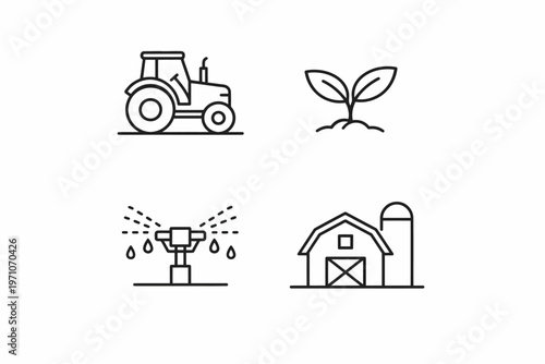 Agriculture icons: tractor, seedling, irrigation, barn in line art style