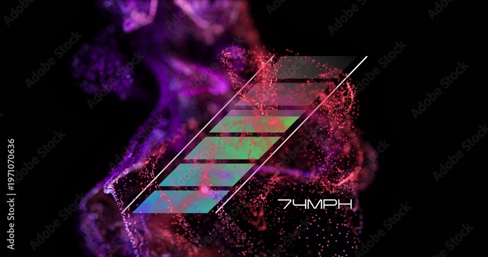 Fototapeta premium Floating slanted logo of five colored bars on black background, showing magenta nebula and 74MPH