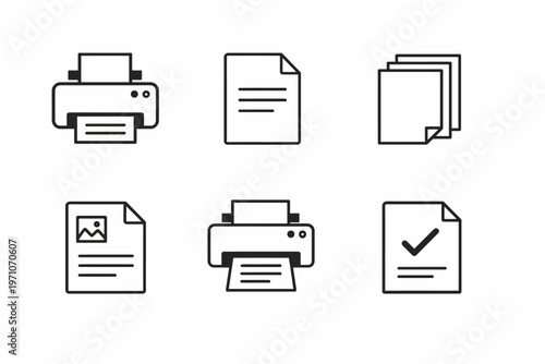 Printer and document icons set: office, print, page, paper, file designs