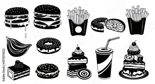 Monochrome Fast Food  Dessert Vector Icons Set: Burgers, Fries, Donuts, Cakes