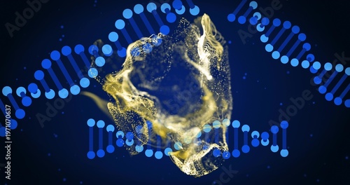 Swirling golden vortex glowing at center on deep navy gradient, with blue DNA helices and specks