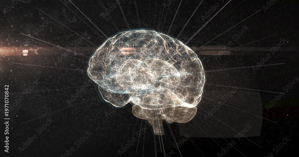 Fototapeta premium Glowing hologram wireframe brain hovering in dark studio with nodes, links, radial beams, particles