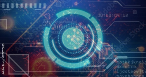Pulsing central teal HUD rings emitting glow across digital control panel, showing code fragments
