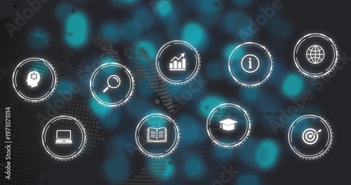 Icons animating on load, pulsing rings highlighting search, charts and learning for global insight