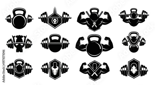 Black  White Fitness Gym Bodybuilding Glyph Logos Set with Kettlebells, Barbells, and Muscle Icons
