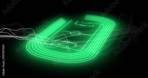 Displaying glowing pitch with center-circle and oval track in dark void, with waveform lines