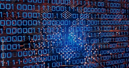 Displaying centered PCB in macro view showing binary overlay with microchip and copper traces