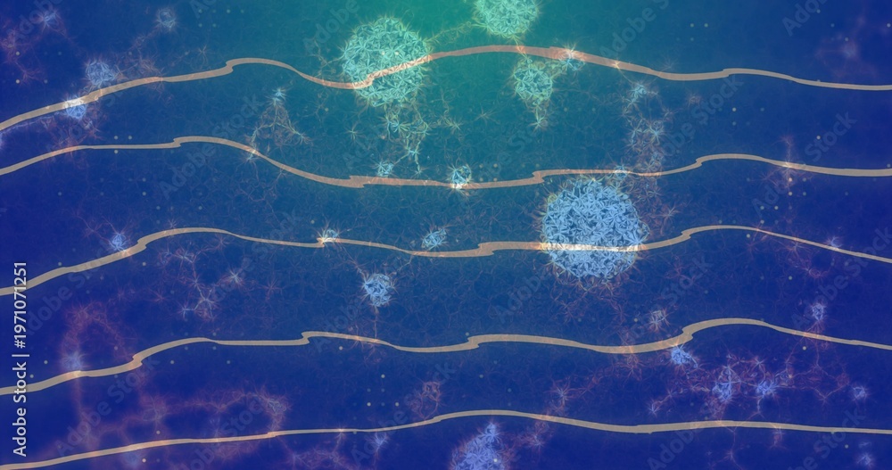 Fototapeta premium Gliding horizontal beige tan bands crossing central digital field, showing fractal clusters