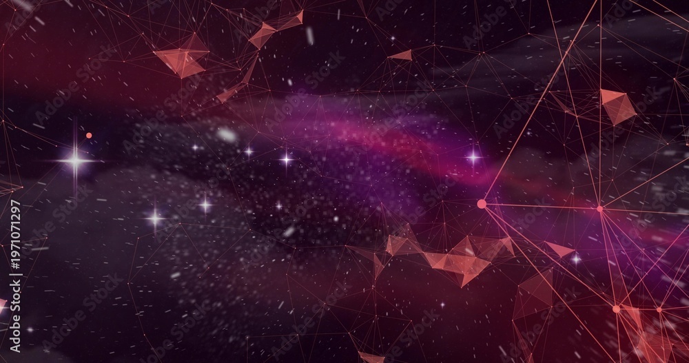 Fototapeta premium Glowing purple-pink nebula cloud merging with polygonal mesh in space scene, showing star points