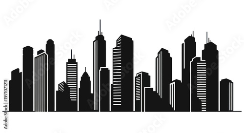 Black and White Urban City Skyline Silhouette Vector Icon Illustration
