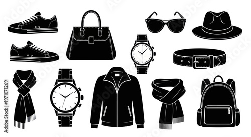 Black  White Fashion and Apparel Accessories Glyph Icon Set