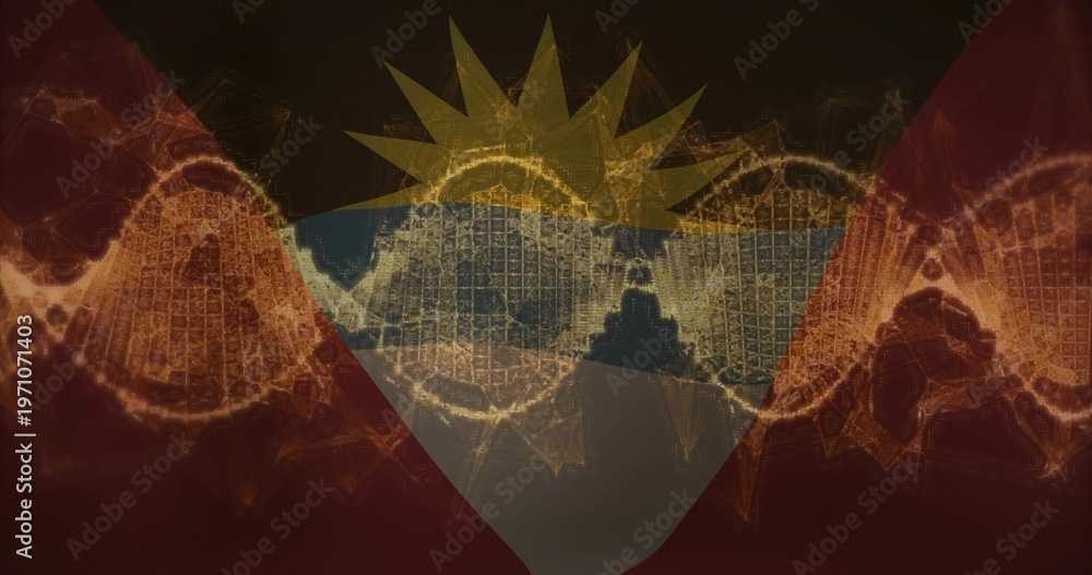 Obraz premium Showing emblem merging stylized flag motif with glowing double helix on artboard, wireframe nodes