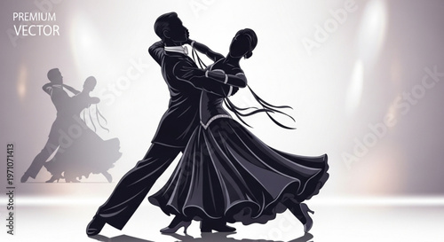 Silhouetted couple dancing waltz on stage with spotlight elegant ballroom dance scene with shadows