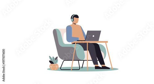 Relaxed Remote Worker Productively Using Laptop on Lap Desk in Armchair