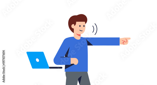 Minimalist Flat Illustration of Remote Worker Standing, Pointing, Showing Direction