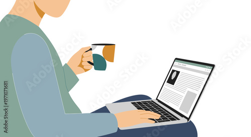 Relaxed Remote Worker Enjoying Tea while Lightly Browsing on Laptop