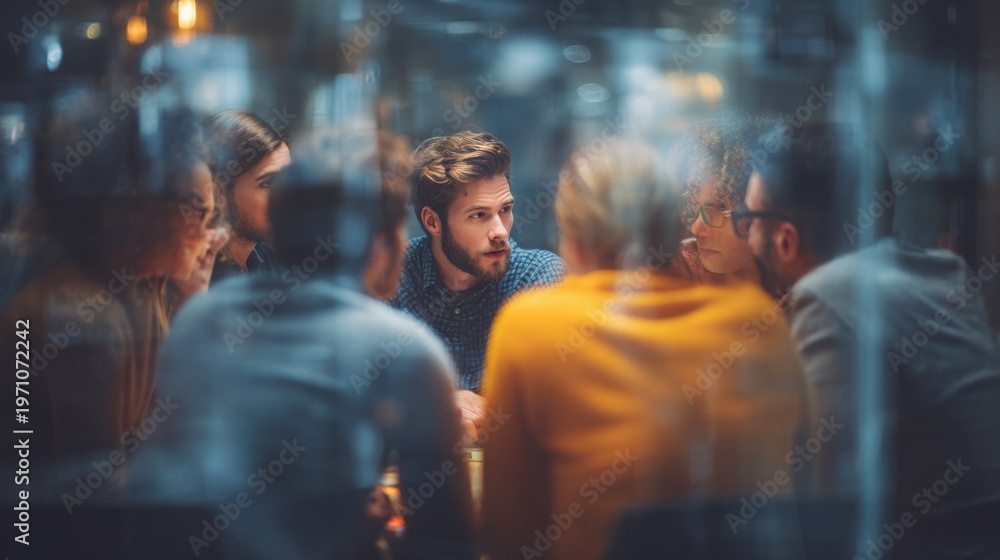 Fototapeta premium Corporate team engaging in a strategic puzzle challenge leader providing instructions as colleagues collaborate surrounded by a softly blurred modern office space.