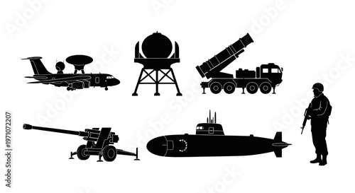 Military Defense Silhouettes Vector Set: War Equipment, Vehicles, and Soldier Icons
