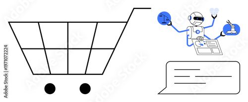 E-commerce, AI automation, online shopping, innovation, robotic assistance, science. A cart, robot performing tasks and speech bubble. E-commerce and AI automation concept
