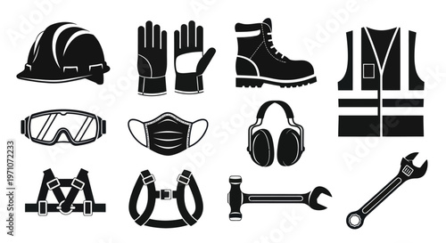 Black and White Glyph Icons of Construction Safety PPE and Industrial Tools