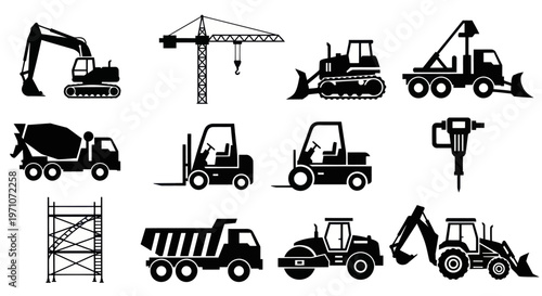 Construction Equipment and Machinery Glyph Icons Set - Industrial Black Silhouette Vectors