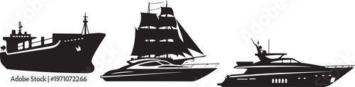 cargo ship sailboat speedboat yacht silhouette set black minimal vector white background.