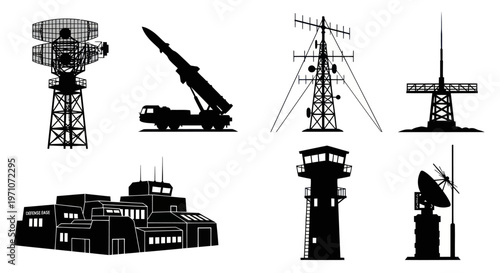 Military Defense  Communication Technology Silhouettes Set: Radar, Missile, Towers, Base