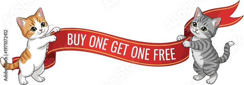 Two cute cats holding a red banner with a buy one get one free offer on a white background