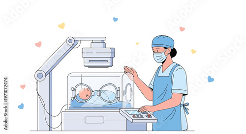 Neonatal Intensive Care: Nurse Cares for Premature Baby in Incubator with Medical Equipment