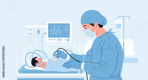 Neonatal intensive care unit doctor performs ultrasound on premature baby in incubator